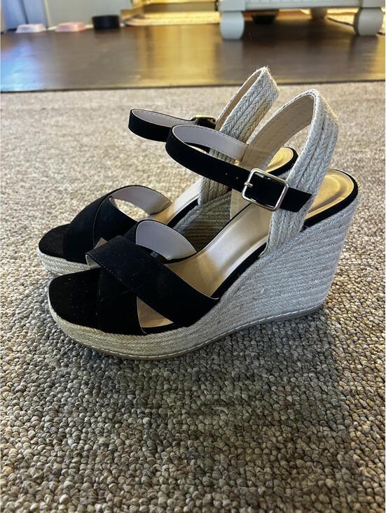 Shoes - Y NOT Women's Black Suede Wedge Sandals with Ankle Strap